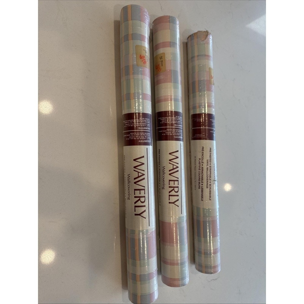 VTG Waverly Wallpaper Covering Lot 3 Rolls Cottagecore Pastel Plaid Nursery Girl